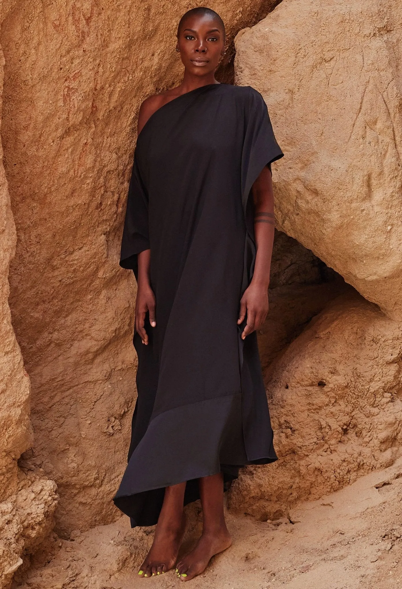 Black Convertible Boatneck Silk Caftan - Sale