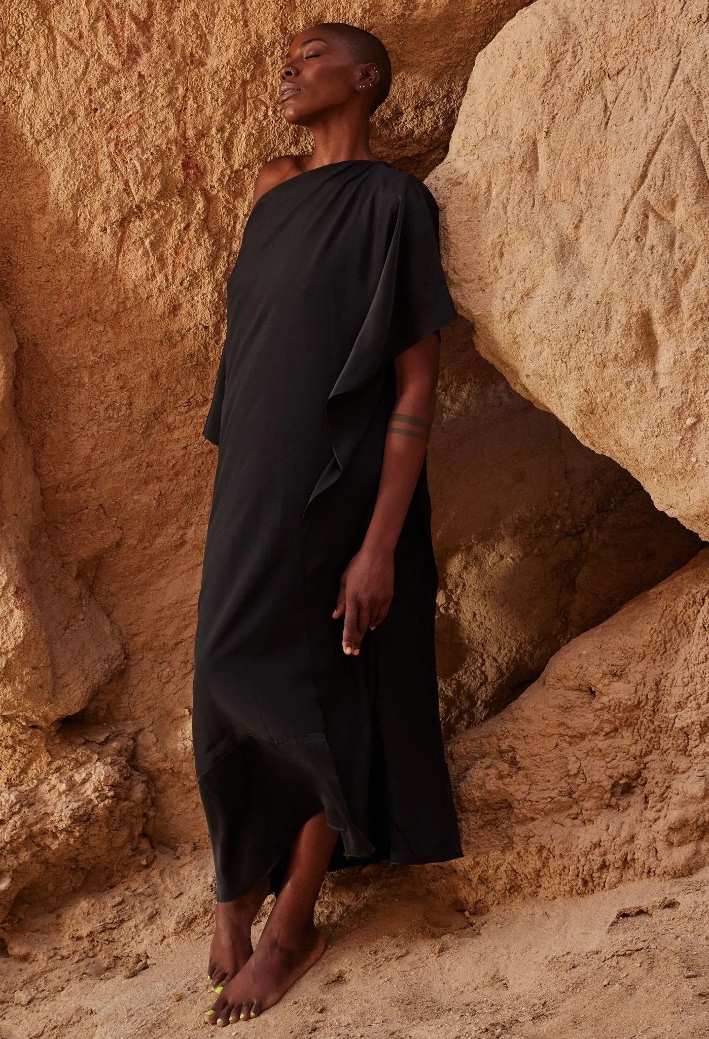 Black Convertible Boatneck Silk Caftan - Sale