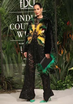 Black embroidered top with trousers and jacket
