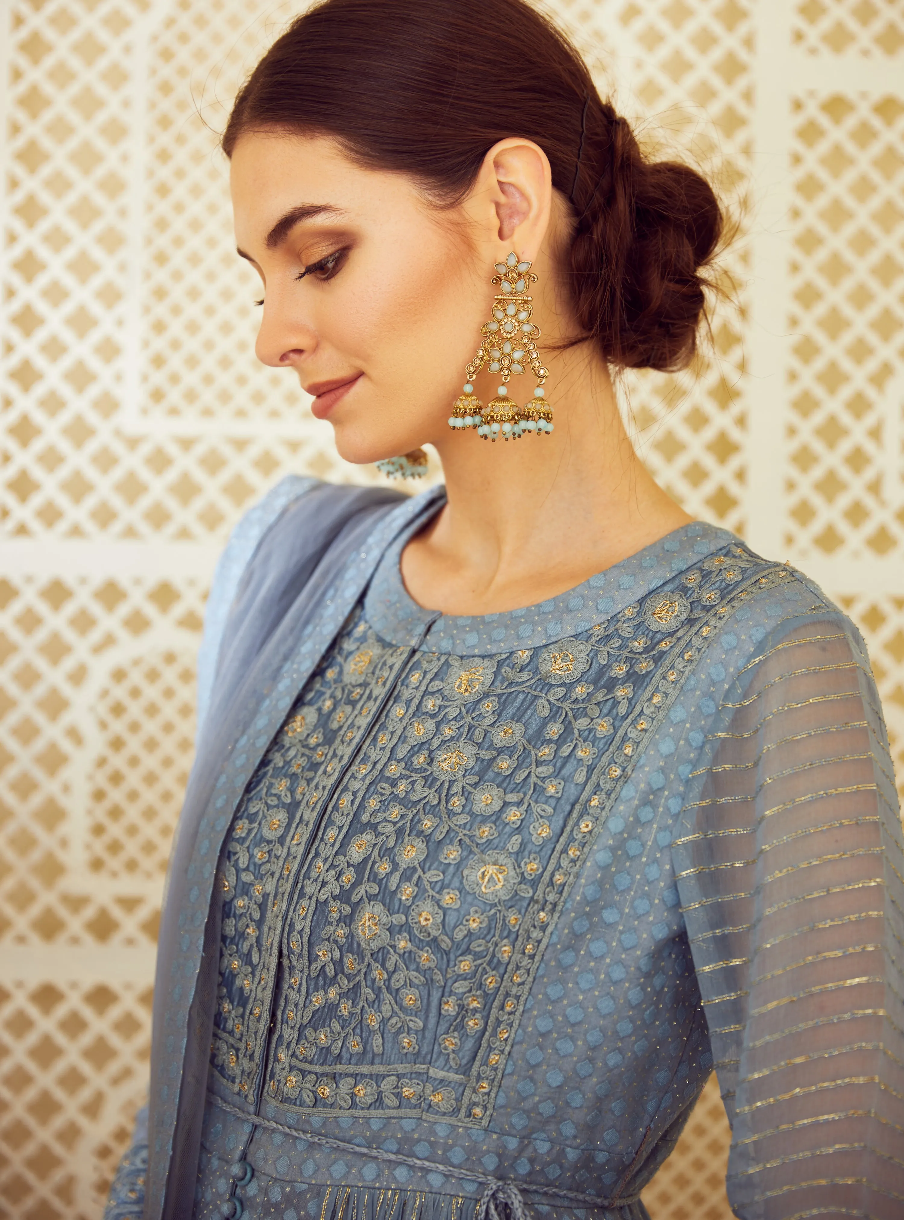 Blue Grey Anarkali Set