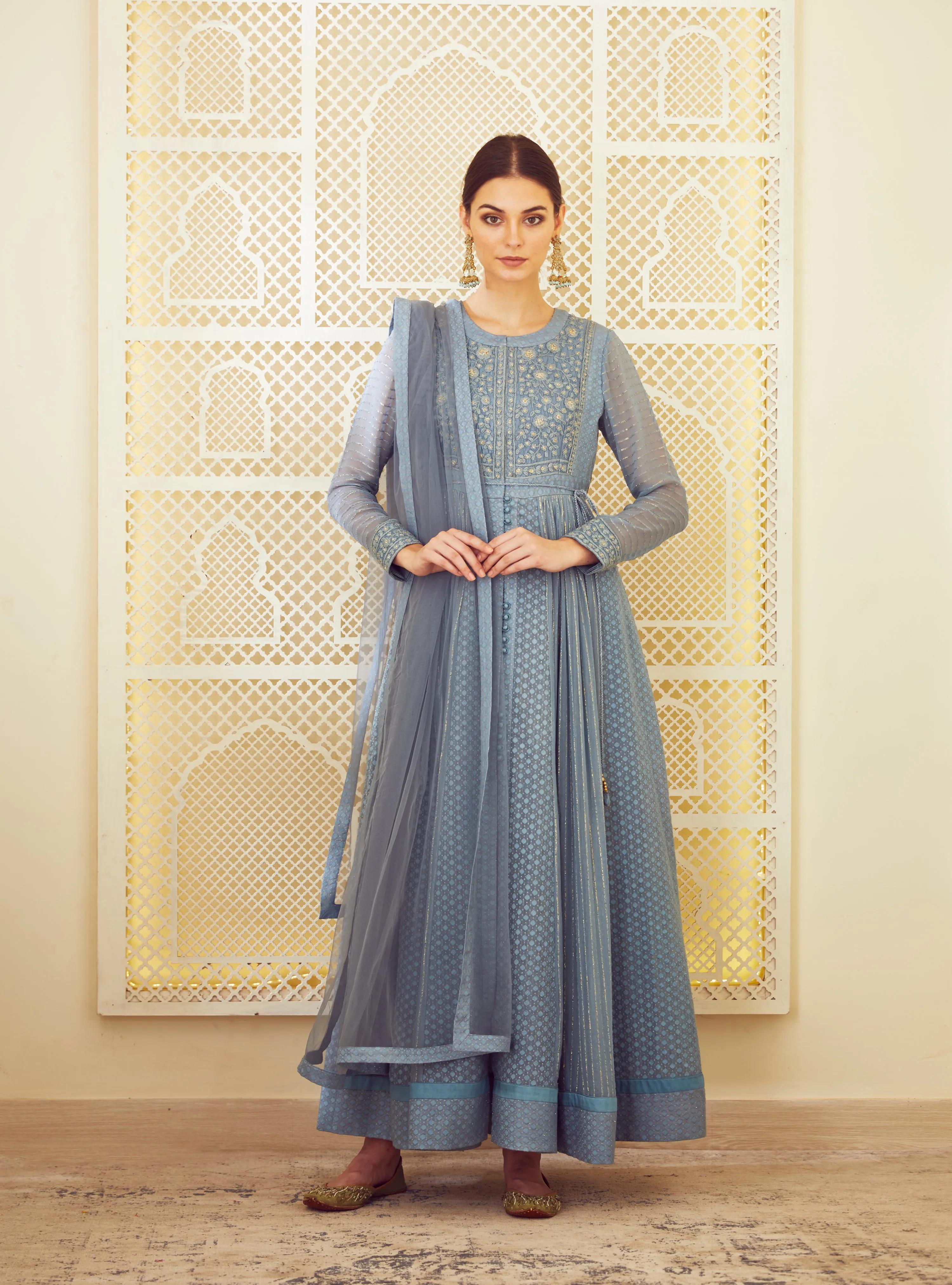 Blue Grey Anarkali Set