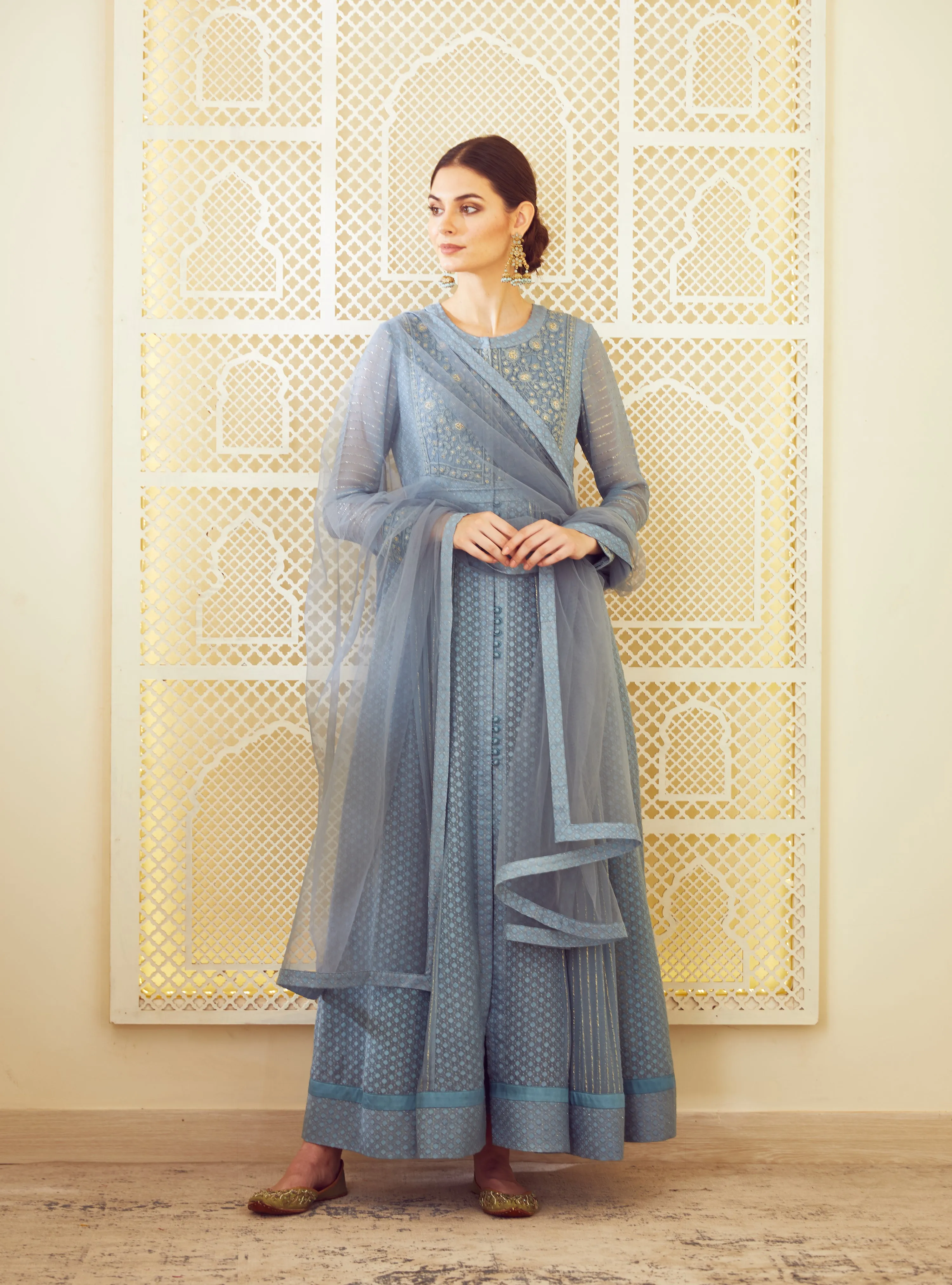 Blue Grey Anarkali Set