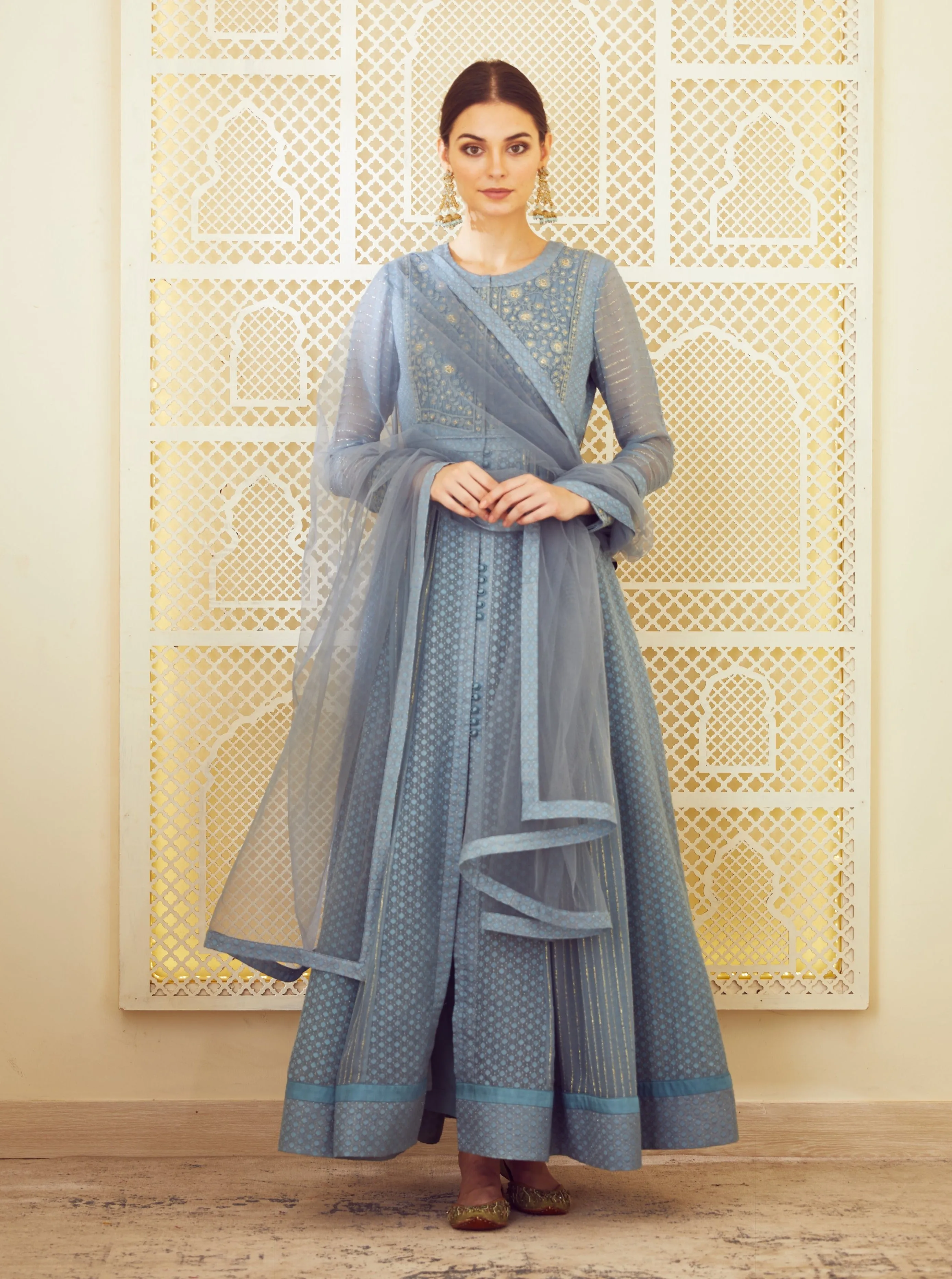Blue Grey Anarkali Set
