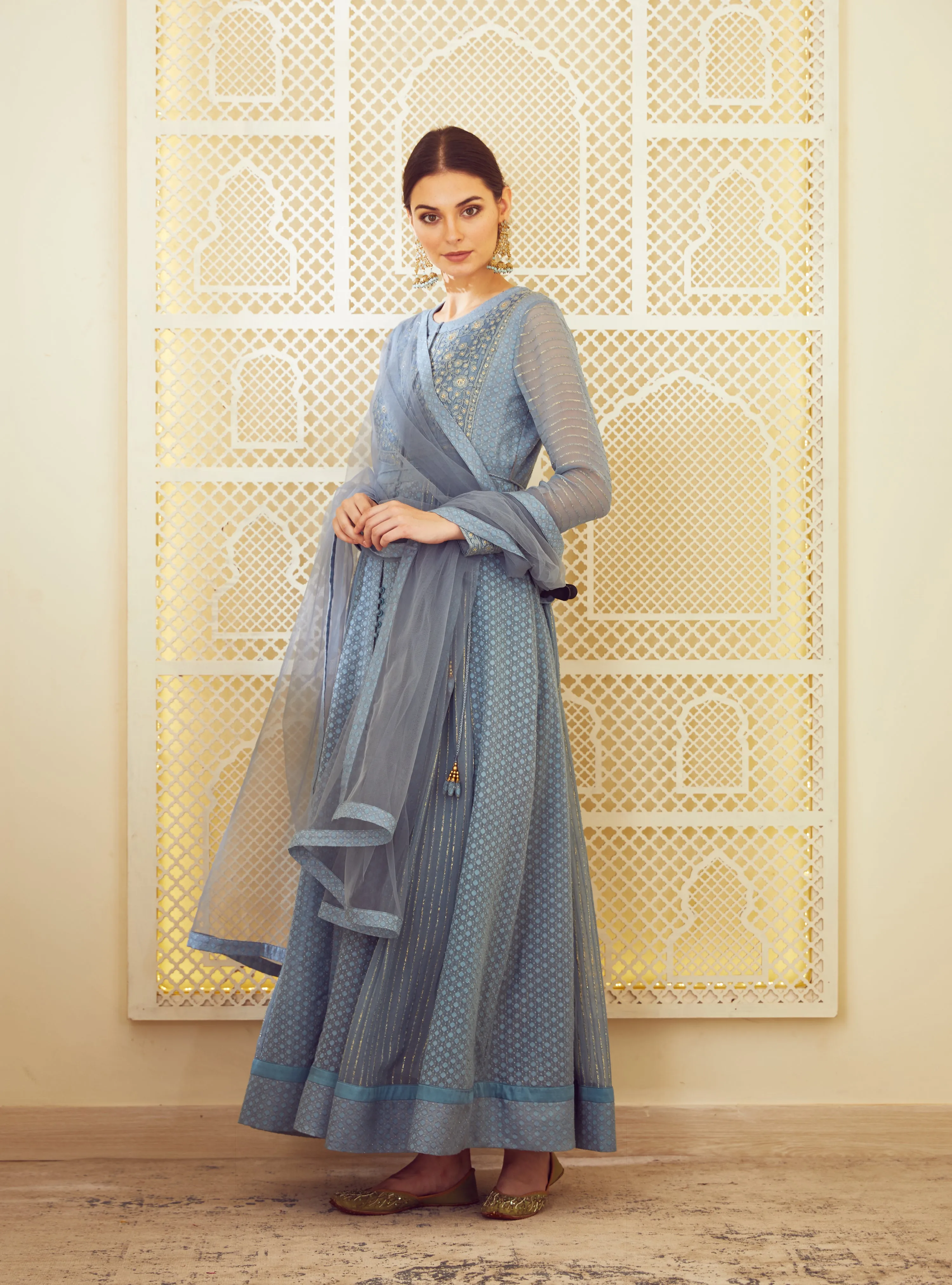 Blue Grey Anarkali Set