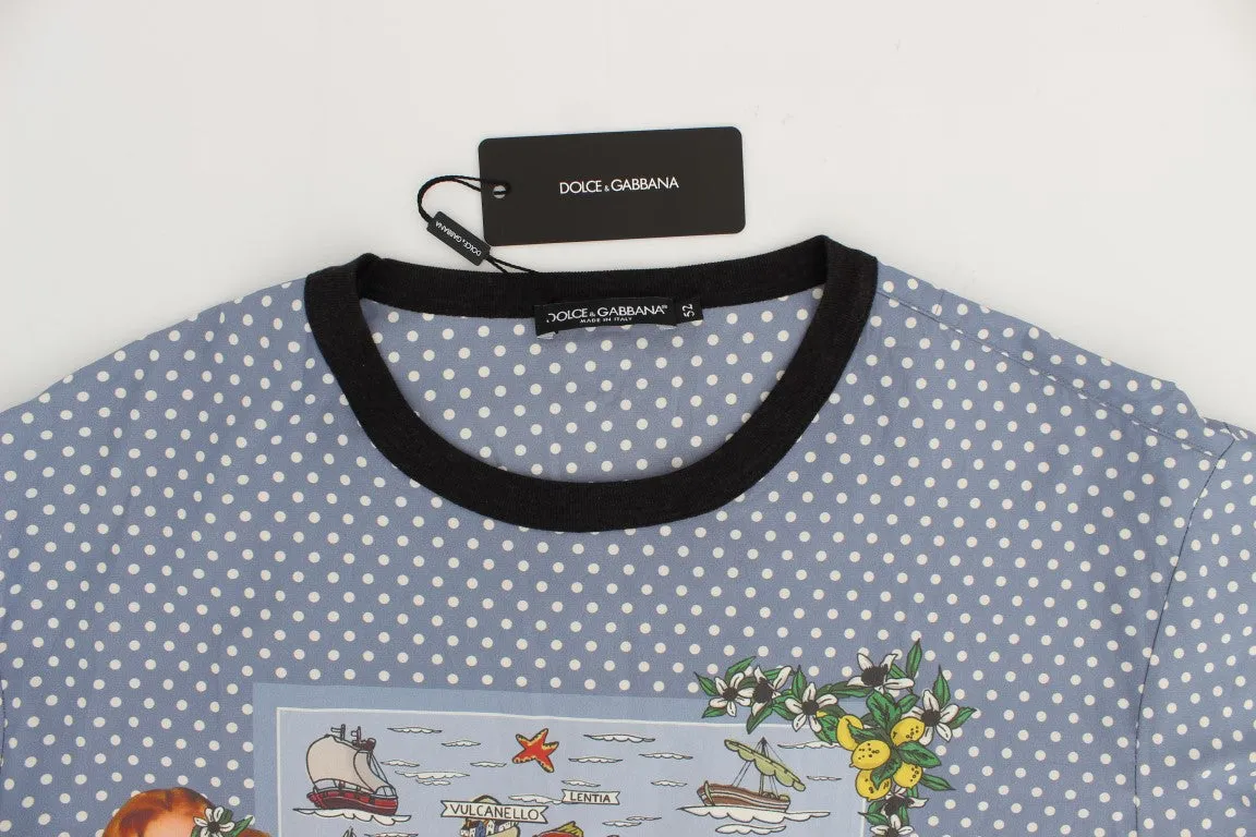 Blue SICILY Map Print Crewneck T-shirt
