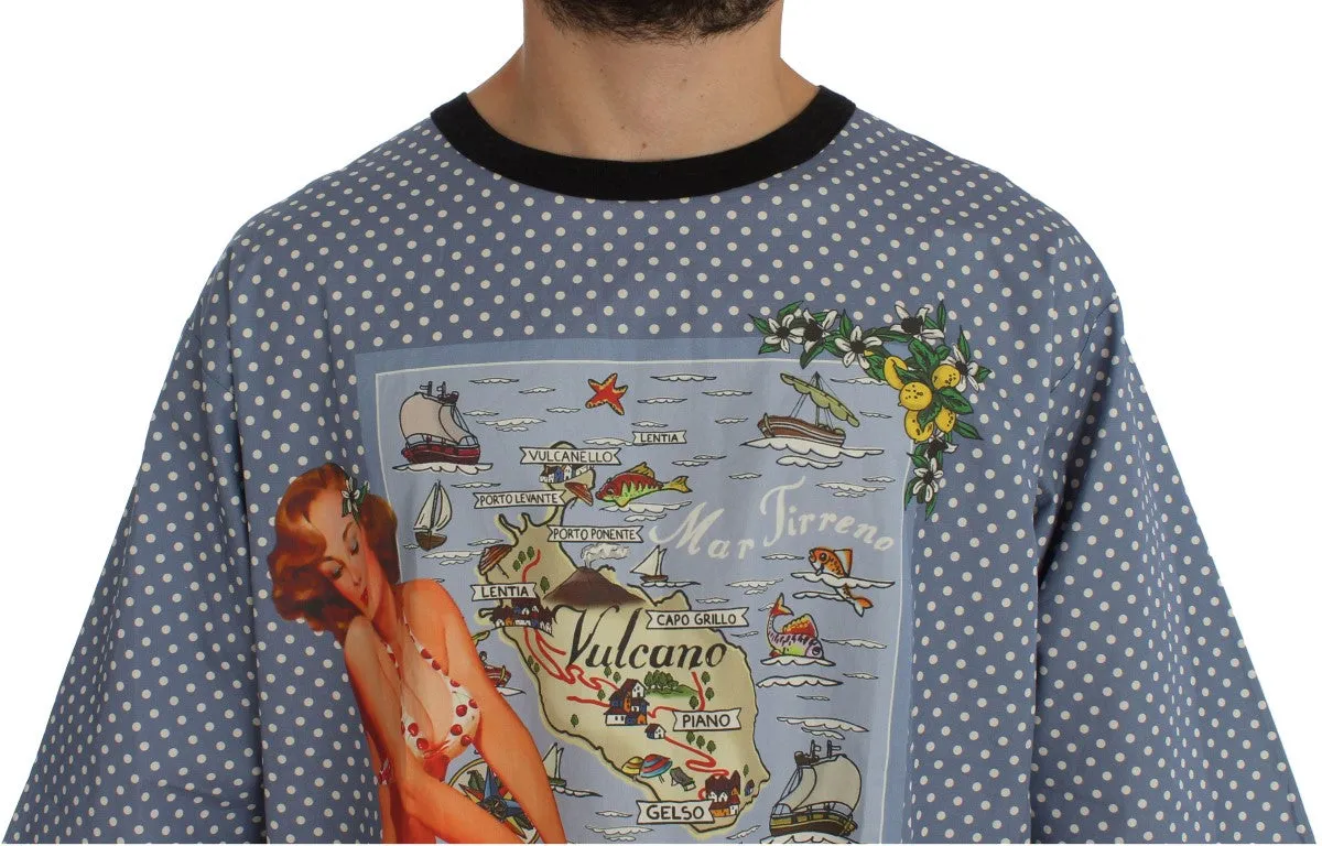 Blue SICILY Map Print Crewneck T-shirt
