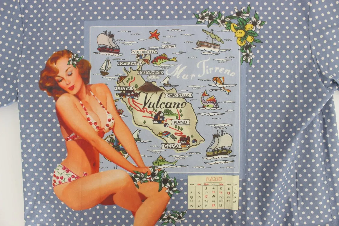 Blue SICILY Map Print Crewneck T-shirt
