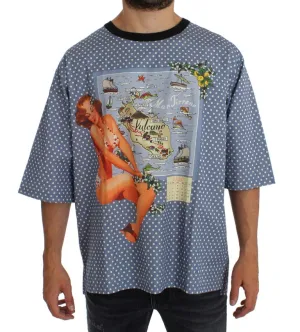 Blue SICILY Map Print Crewneck T-shirt