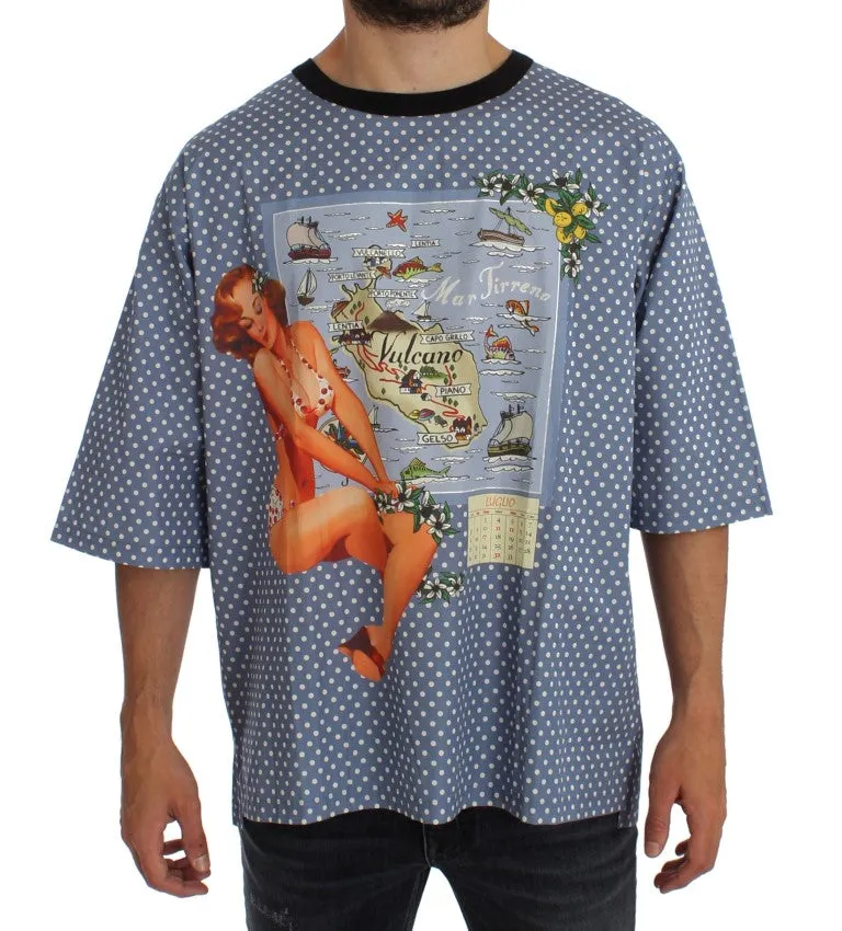 Blue SICILY Map Print Crewneck T-shirt