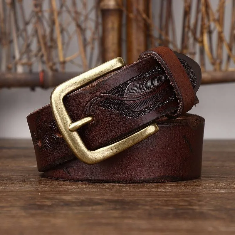 Bohemian Vintage Style Embossed Men's Belt with Solid Brass Buckle-1.5"