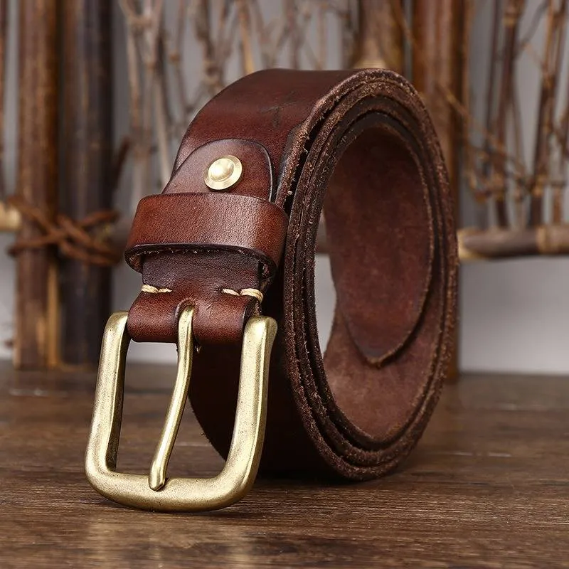 Bohemian Vintage Style Embossed Men's Belt with Solid Brass Buckle-1.5"