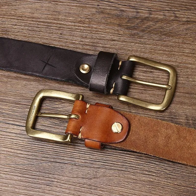 Bohemian Vintage Style Embossed Men's Belt with Solid Brass Buckle-1.5"