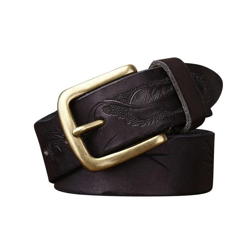 Bohemian Vintage Style Embossed Men's Belt with Solid Brass Buckle-1.5"