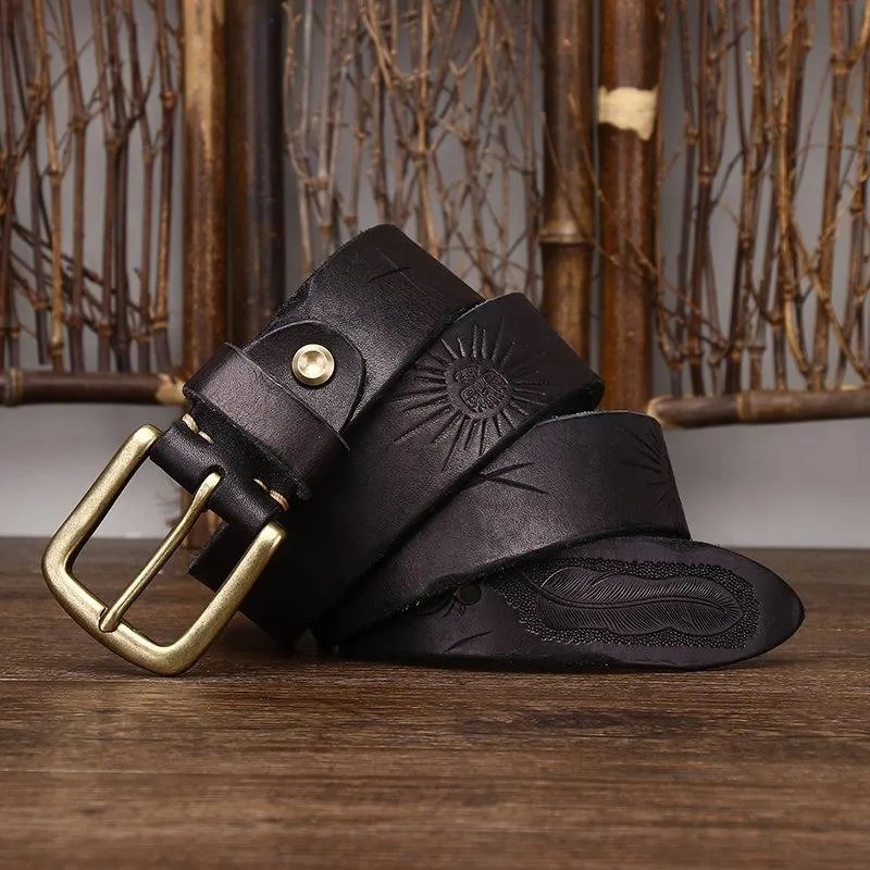 Bohemian Vintage Style Embossed Men's Belt with Solid Brass Buckle-1.5"