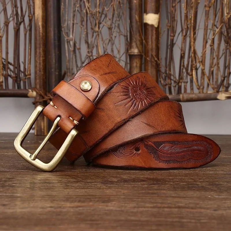 Bohemian Vintage Style Embossed Men's Belt with Solid Brass Buckle-1.5"