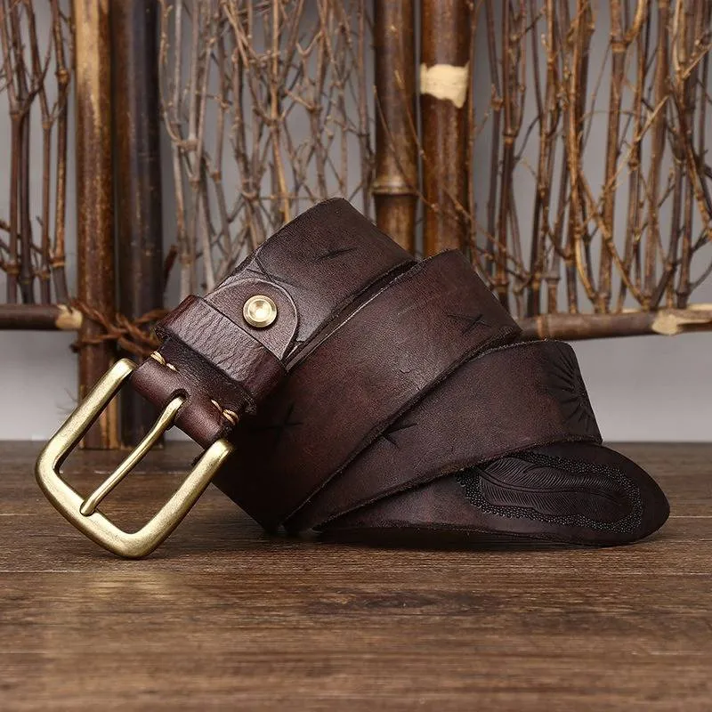 Bohemian Vintage Style Embossed Men's Belt with Solid Brass Buckle-1.5"