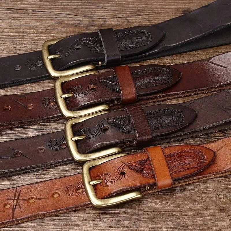 Bohemian Vintage Style Embossed Men's Belt with Solid Brass Buckle-1.5"