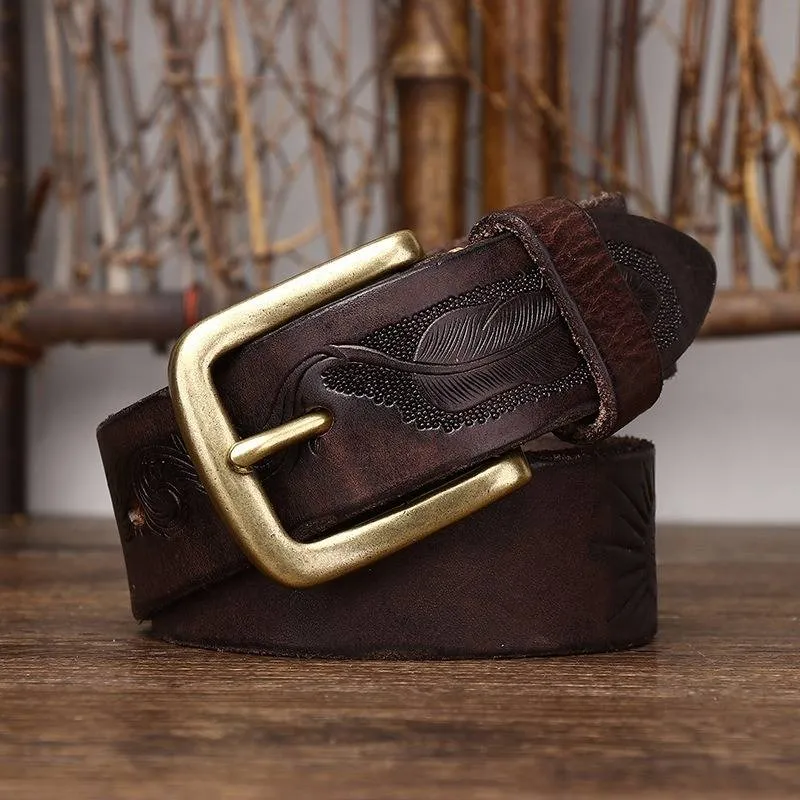 Bohemian Vintage Style Embossed Men's Belt with Solid Brass Buckle-1.5"