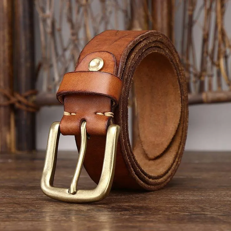 Bohemian Vintage Style Embossed Men's Belt with Solid Brass Buckle-1.5"