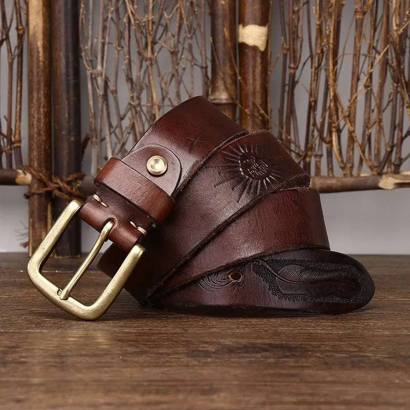 Bohemian Vintage Style Embossed Men's Belt with Solid Brass Buckle-1.5"