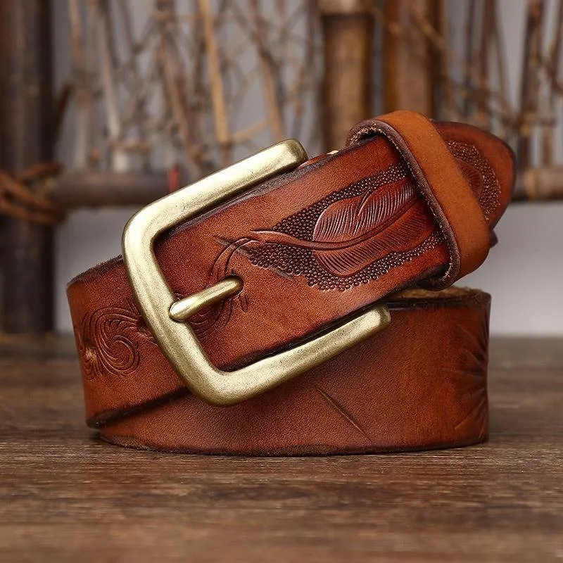 Bohemian Vintage Style Embossed Men's Belt with Solid Brass Buckle-1.5"