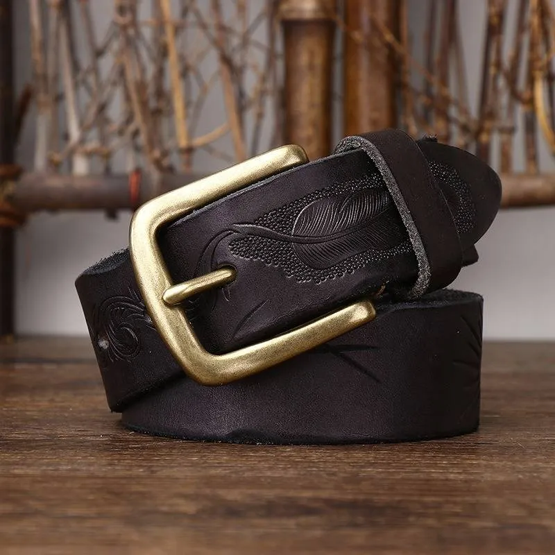 Bohemian Vintage Style Embossed Men's Belt with Solid Brass Buckle-1.5"