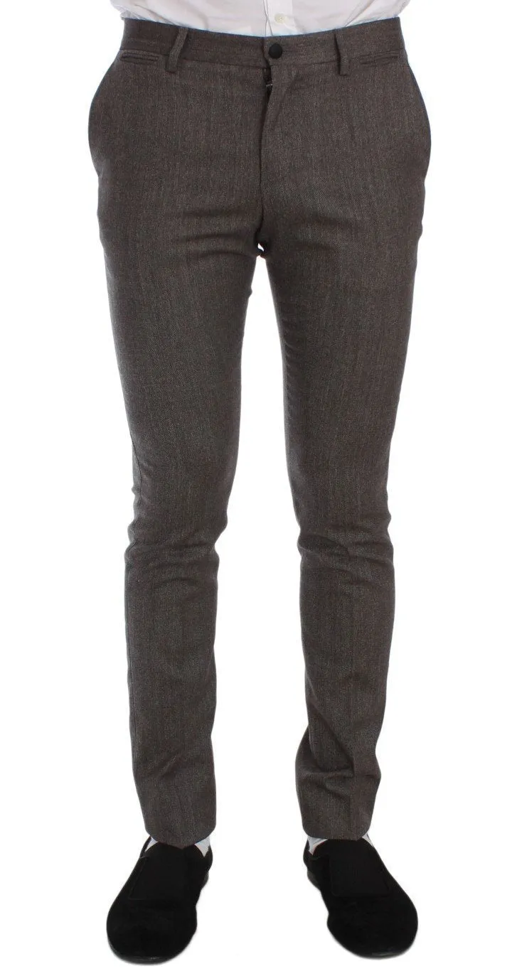 Brown Wool Stretch Slim Fit Pants