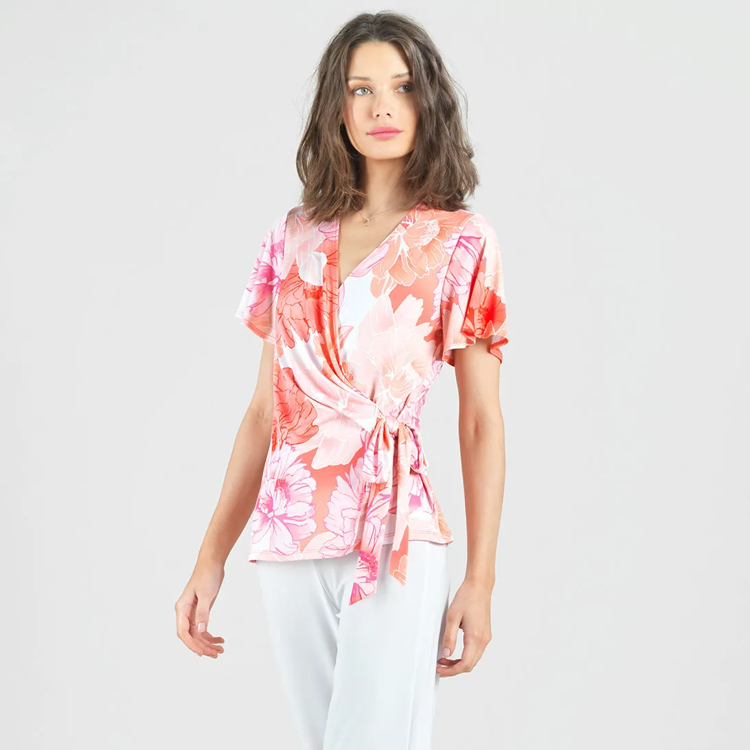 Butter Knit - Surplice Faux Wrap Side Tie Top - Sunset Petals