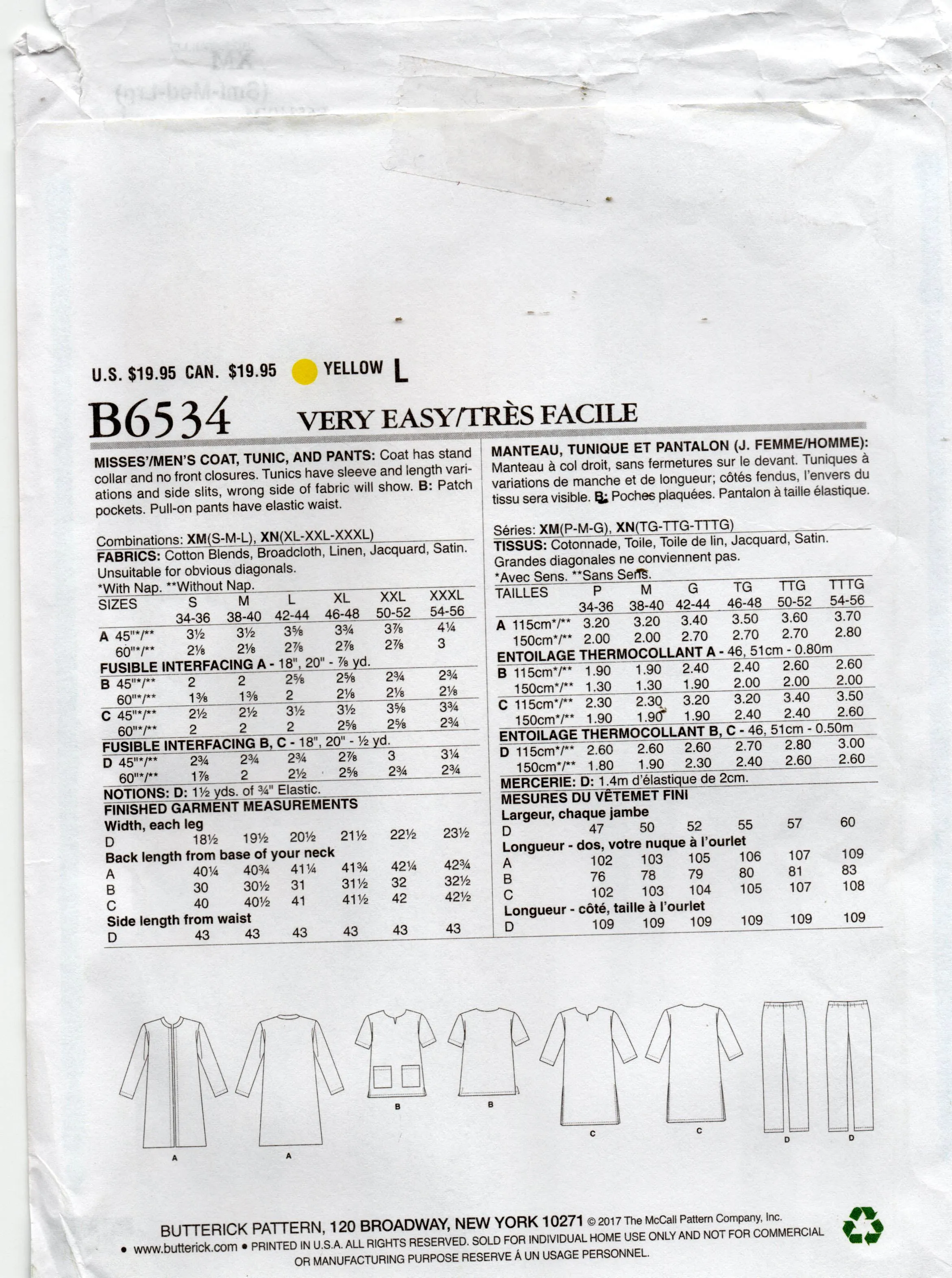 Butterick 6534 EASY Unisex Casual Coat Caftan Top & Pants Out Of Print Sewing Pattern Size S - L UNCUT Factory Folded
