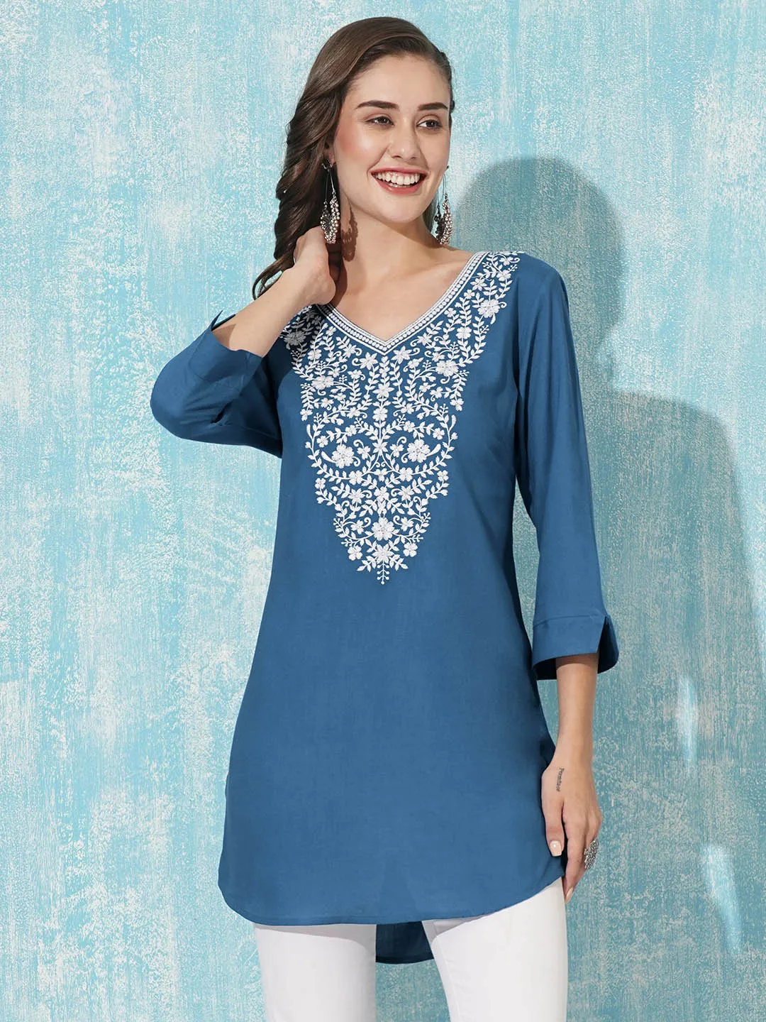 Buy V Neck Teal Comfort Fit Rayon Tunic For Women Online - Zola