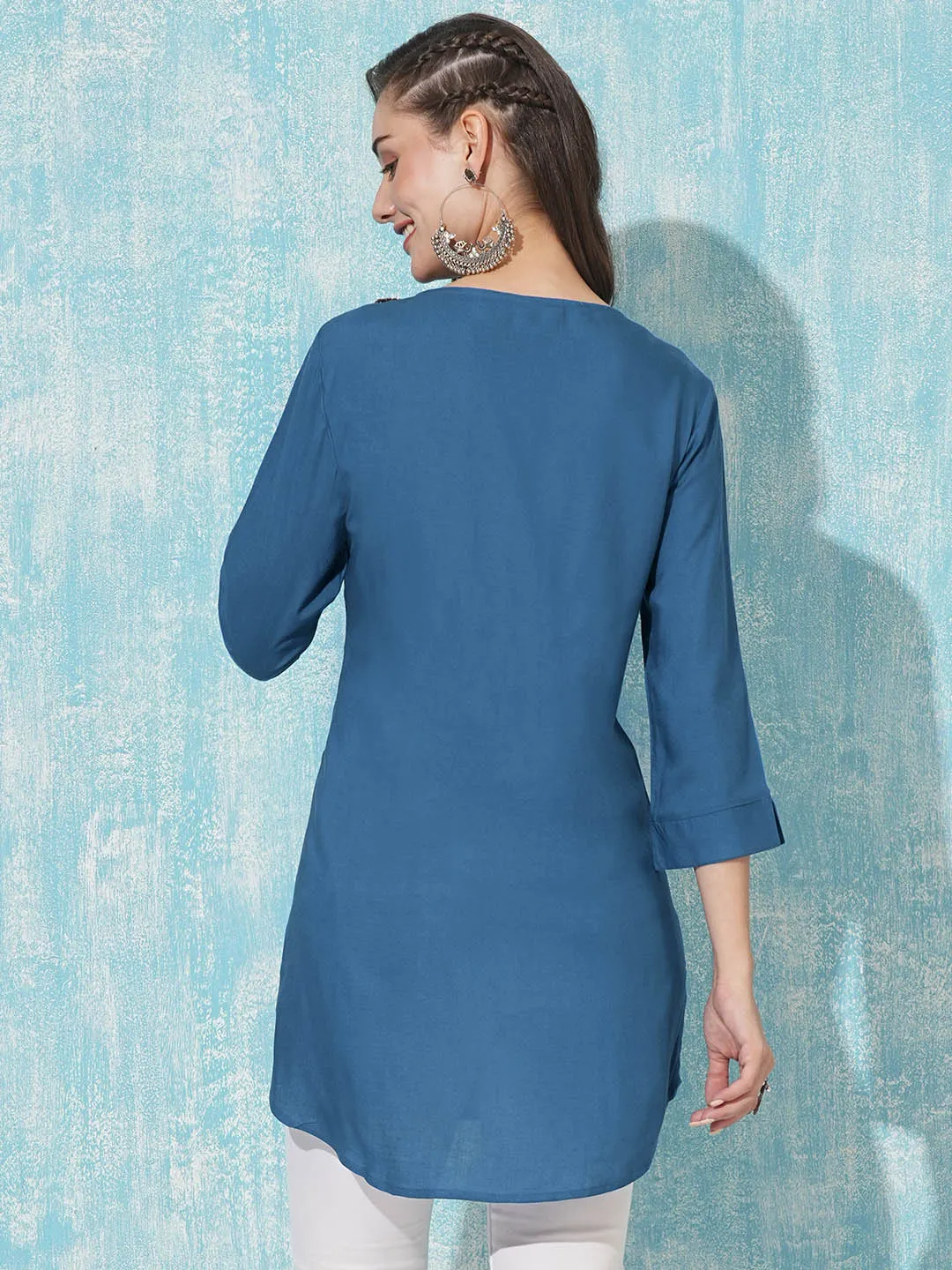 Buy V Neck Teal Comfort Fit Rayon Tunic For Women Online - Zola
