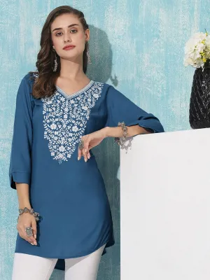 Buy V Neck Teal Comfort Fit Rayon Tunic For Women Online - Zola