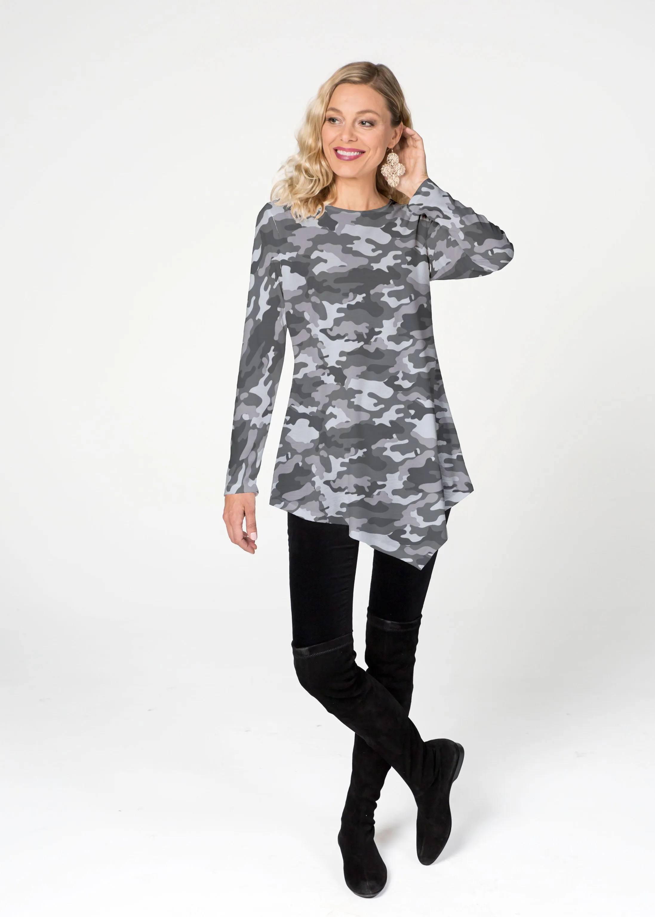 Camo Grey (9245) ~ Asymmetrical French Terry Tunic