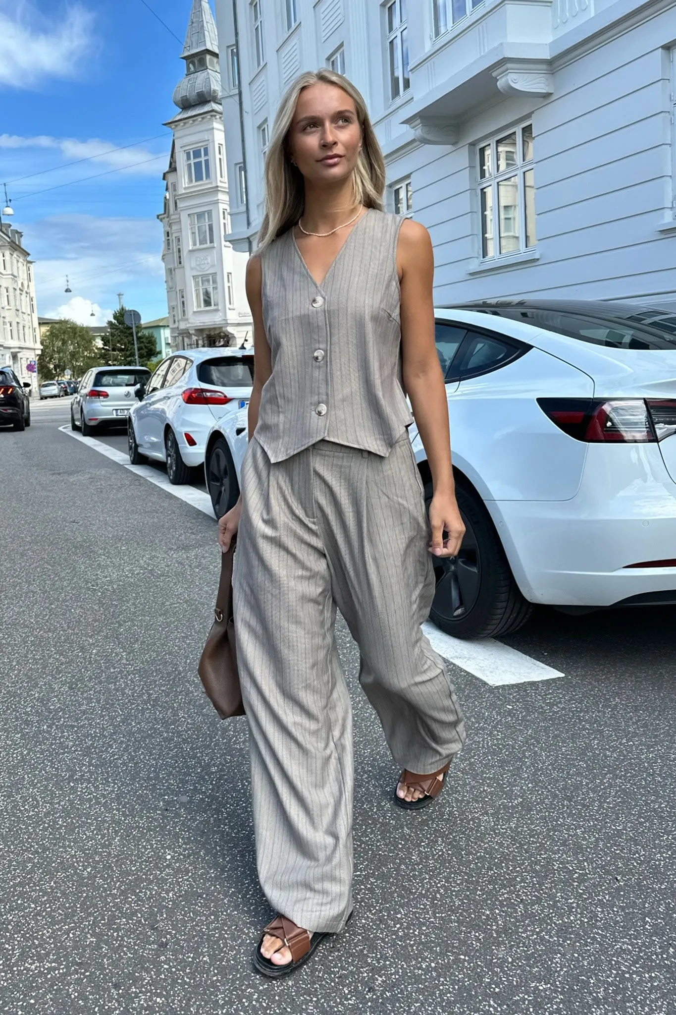 CelinaIC Bukser - Mørk Beige Stribet