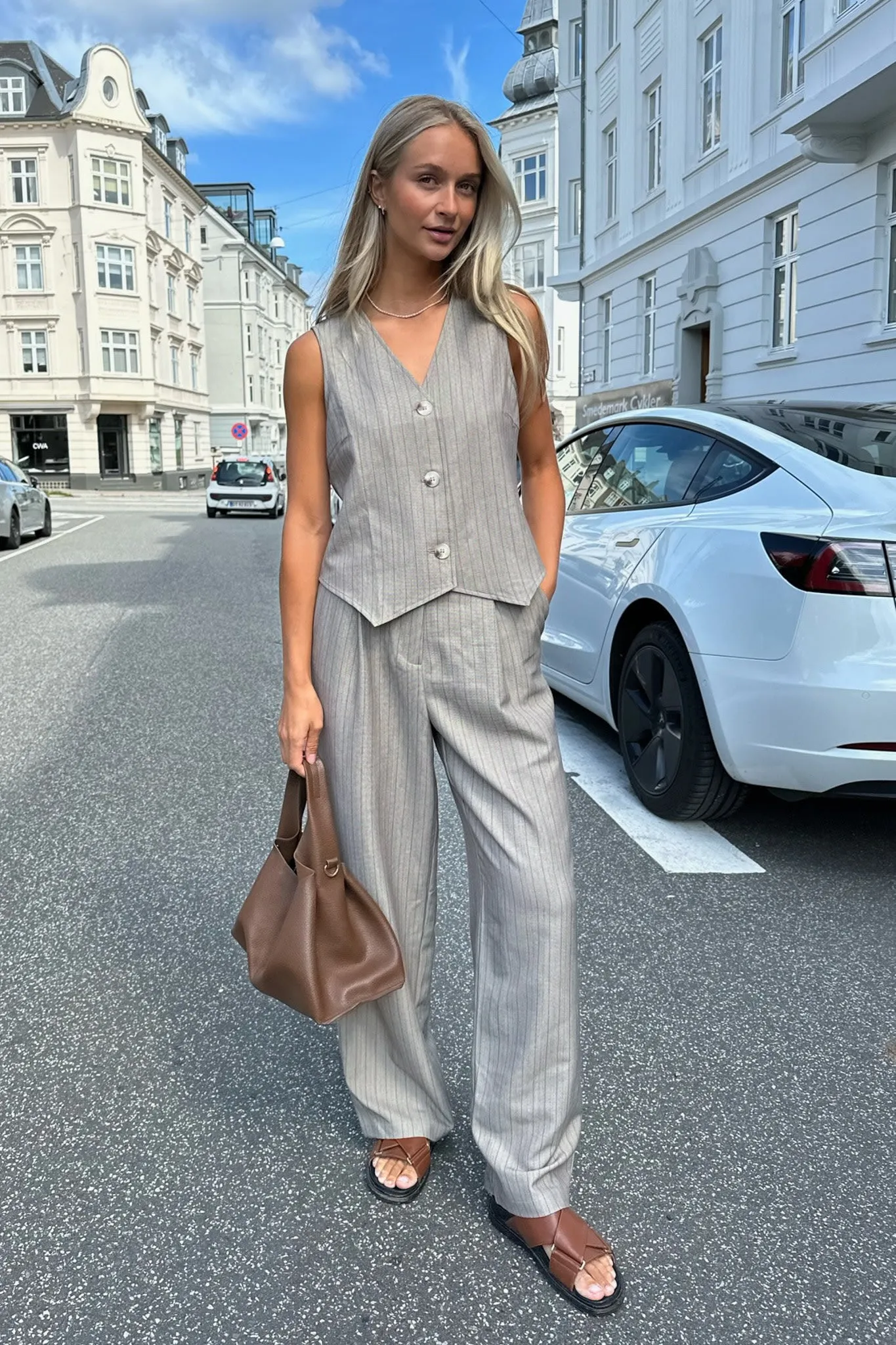 CelinaIC Bukser - Mørk Beige Stribet