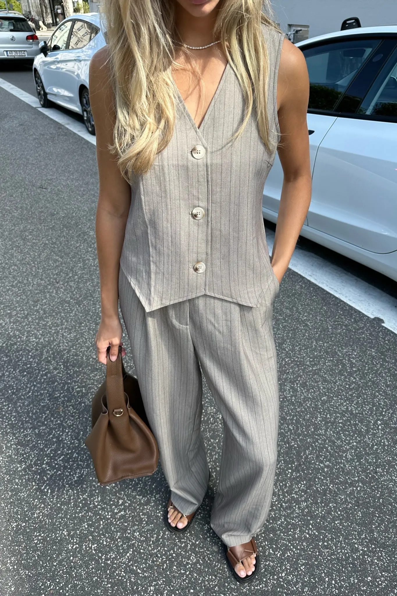 CelinaIC Bukser - Mørk Beige Stribet