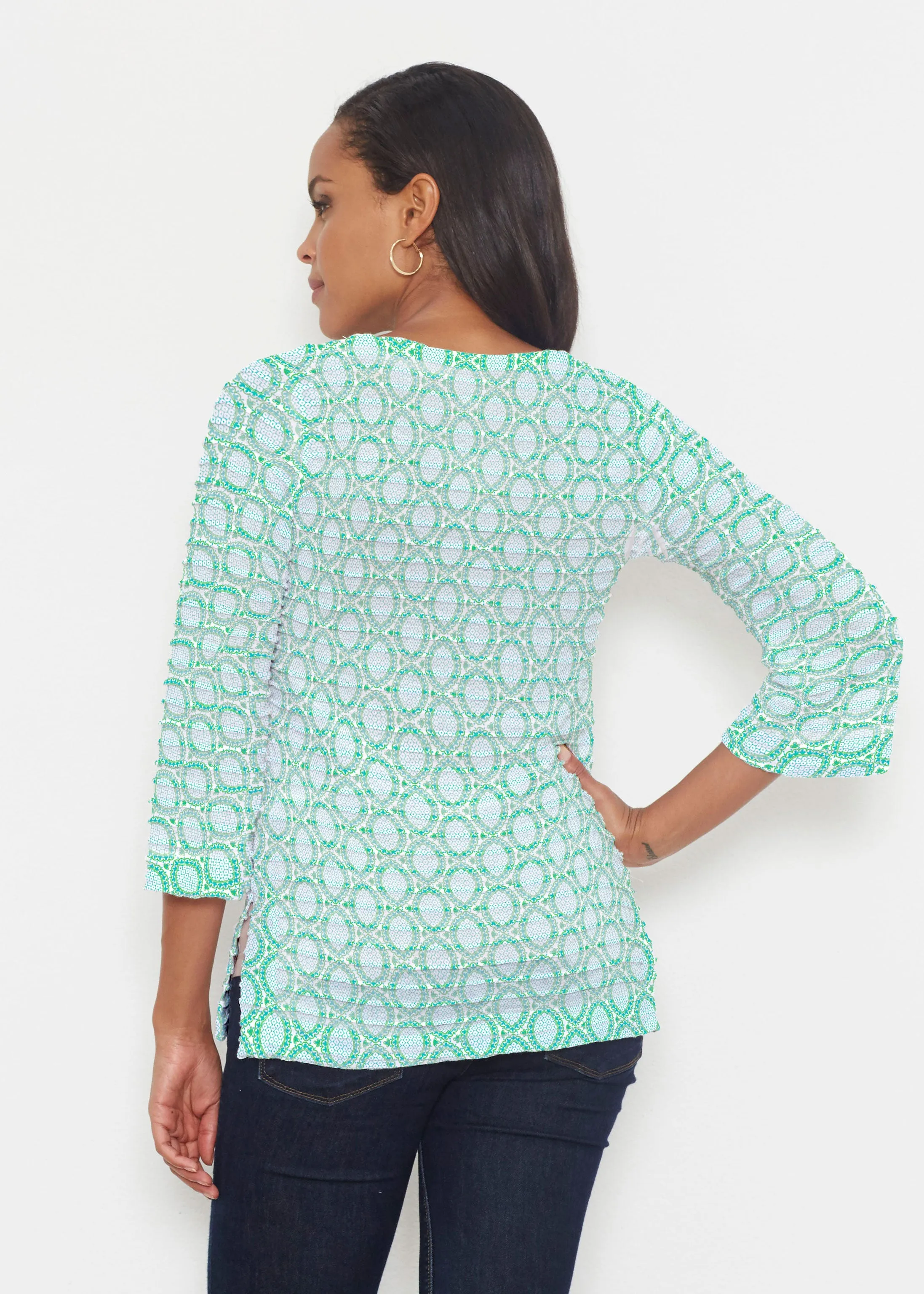 Coastal Lace Green (7686) ~ Banded 3/4 Bell-Sleeve V-Neck Tunic