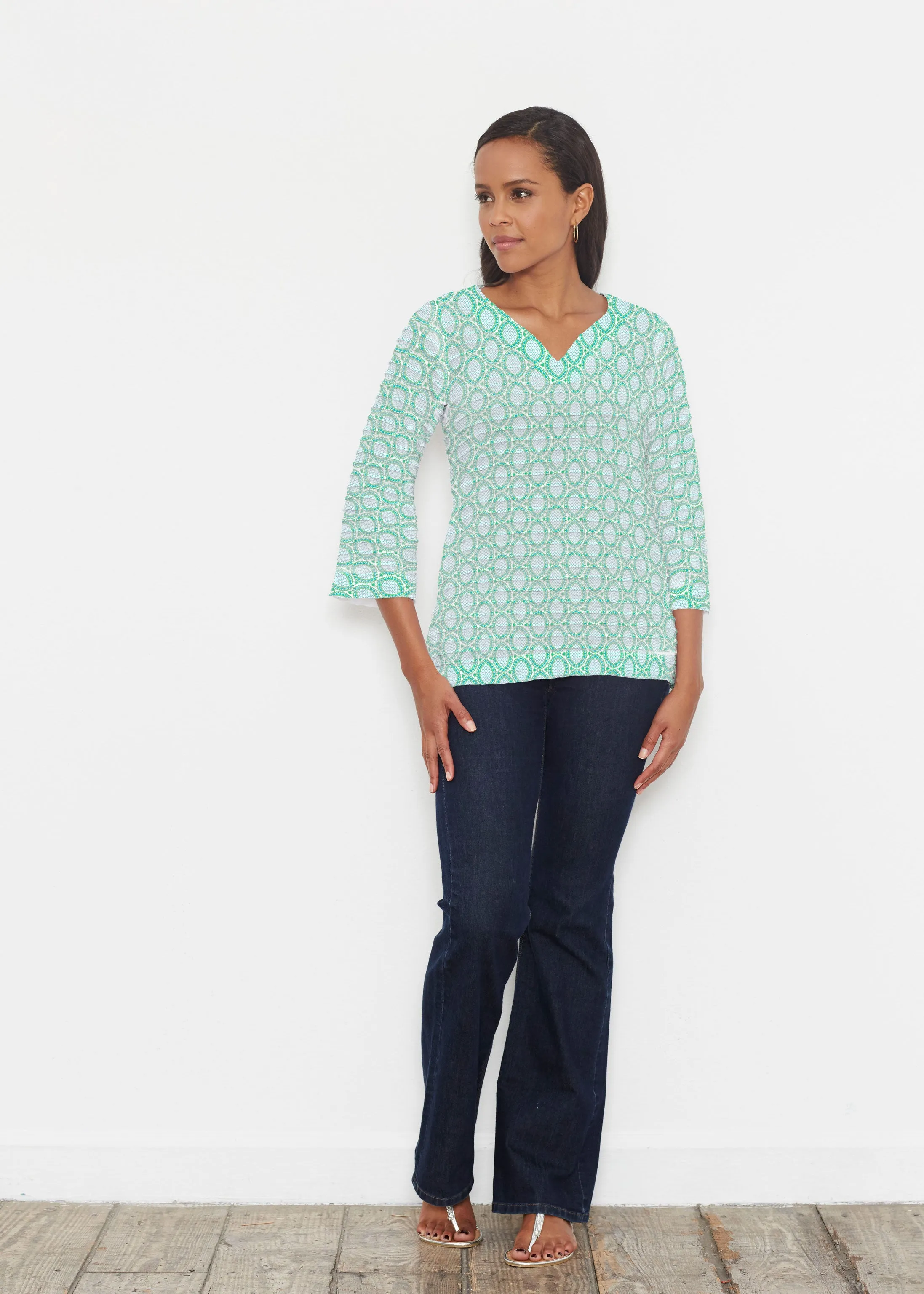 Coastal Lace Green (7686) ~ Banded 3/4 Bell-Sleeve V-Neck Tunic