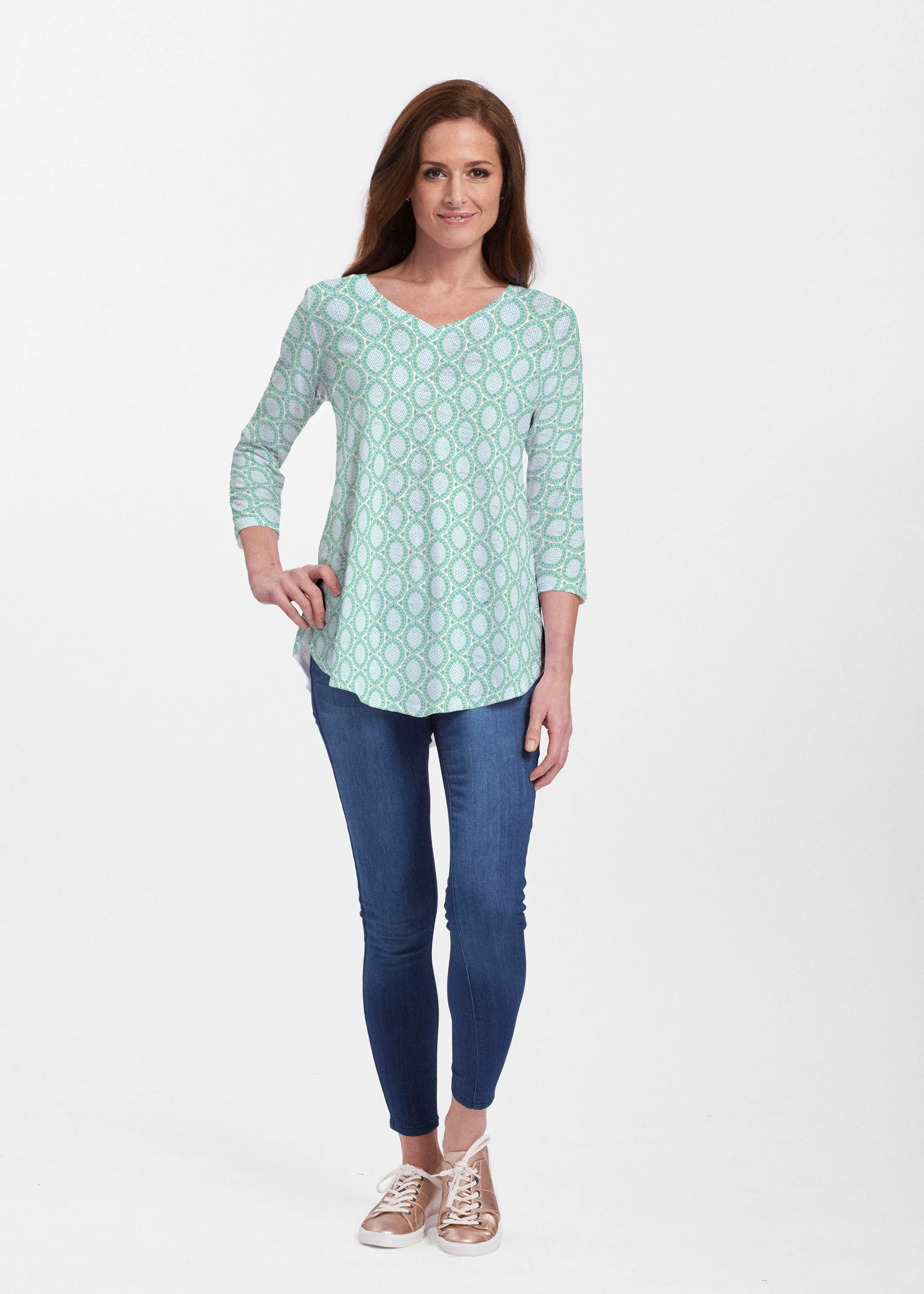 Coastal Lace Green (7686) ~ Signature V-neck Flowy Tunic