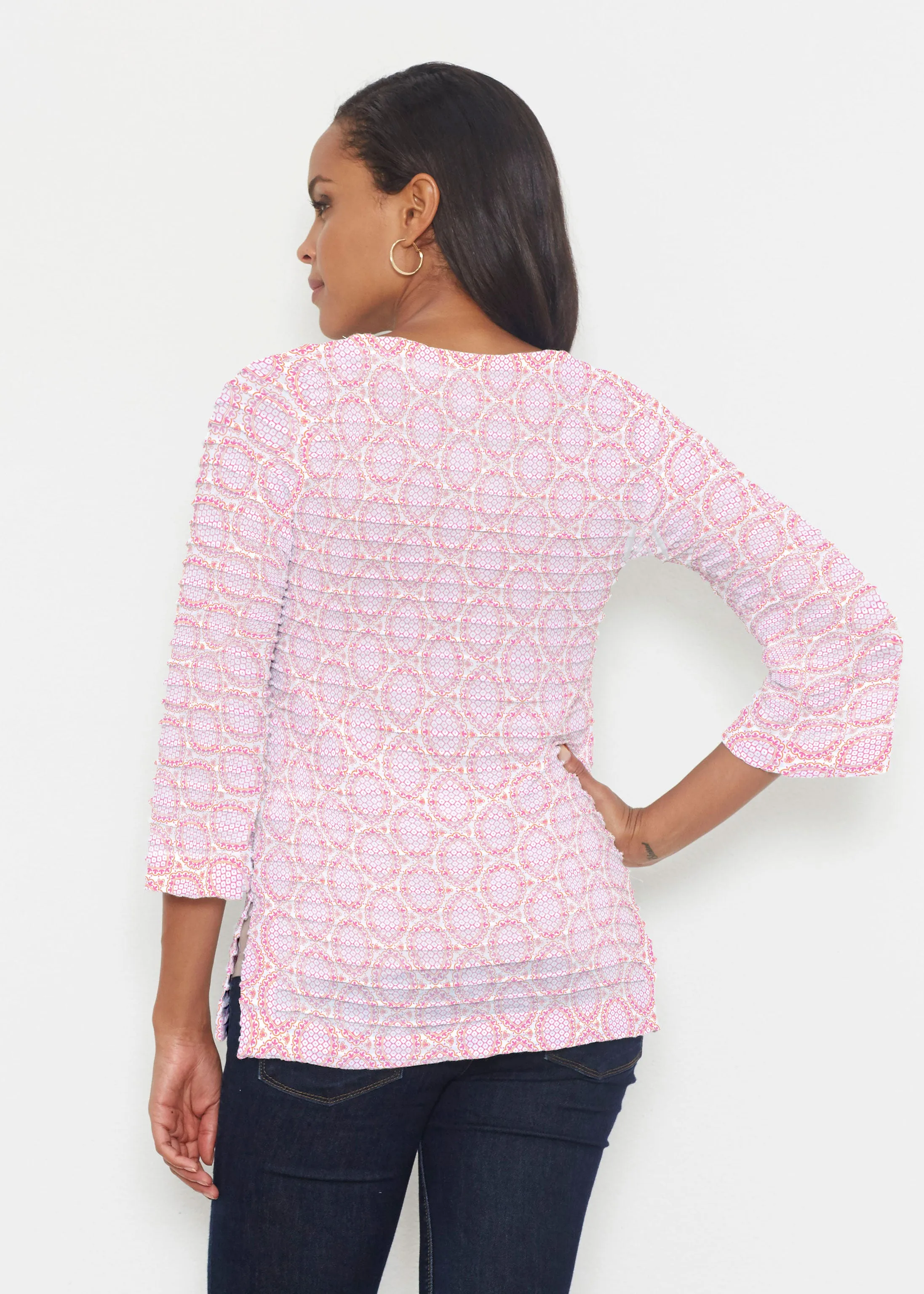 Coastal Lace Pink (7757) ~ Banded 3/4 Bell-Sleeve V-Neck Tunic