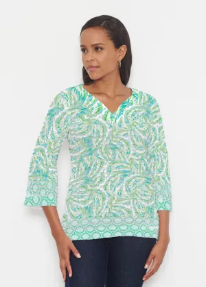 Coastal Paisley Lace Green (7690) ~ Banded 3/4 Bell-Sleeve V-Neck Tunic