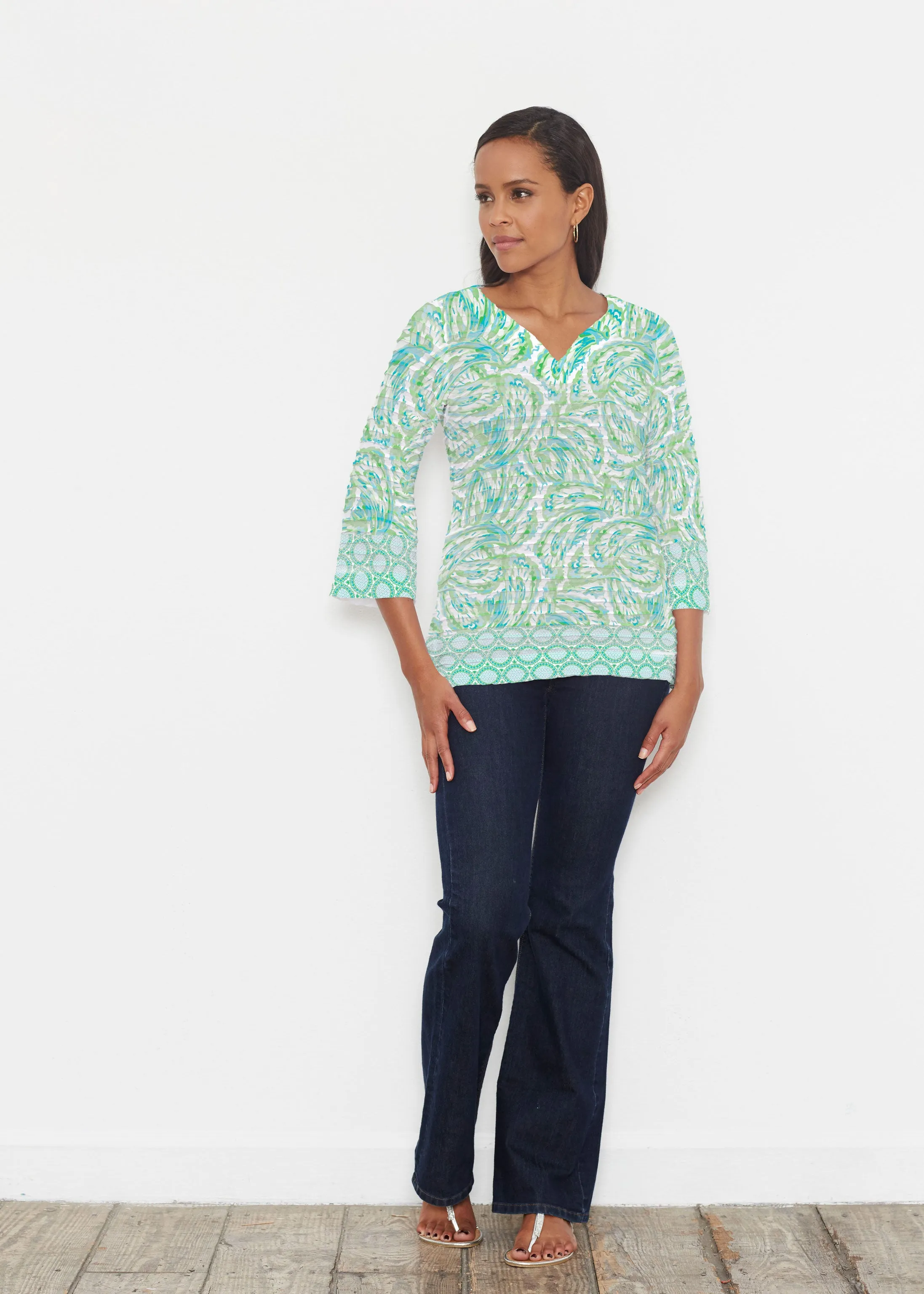 Coastal Paisley Lace Green (7690) ~ Banded 3/4 Bell-Sleeve V-Neck Tunic