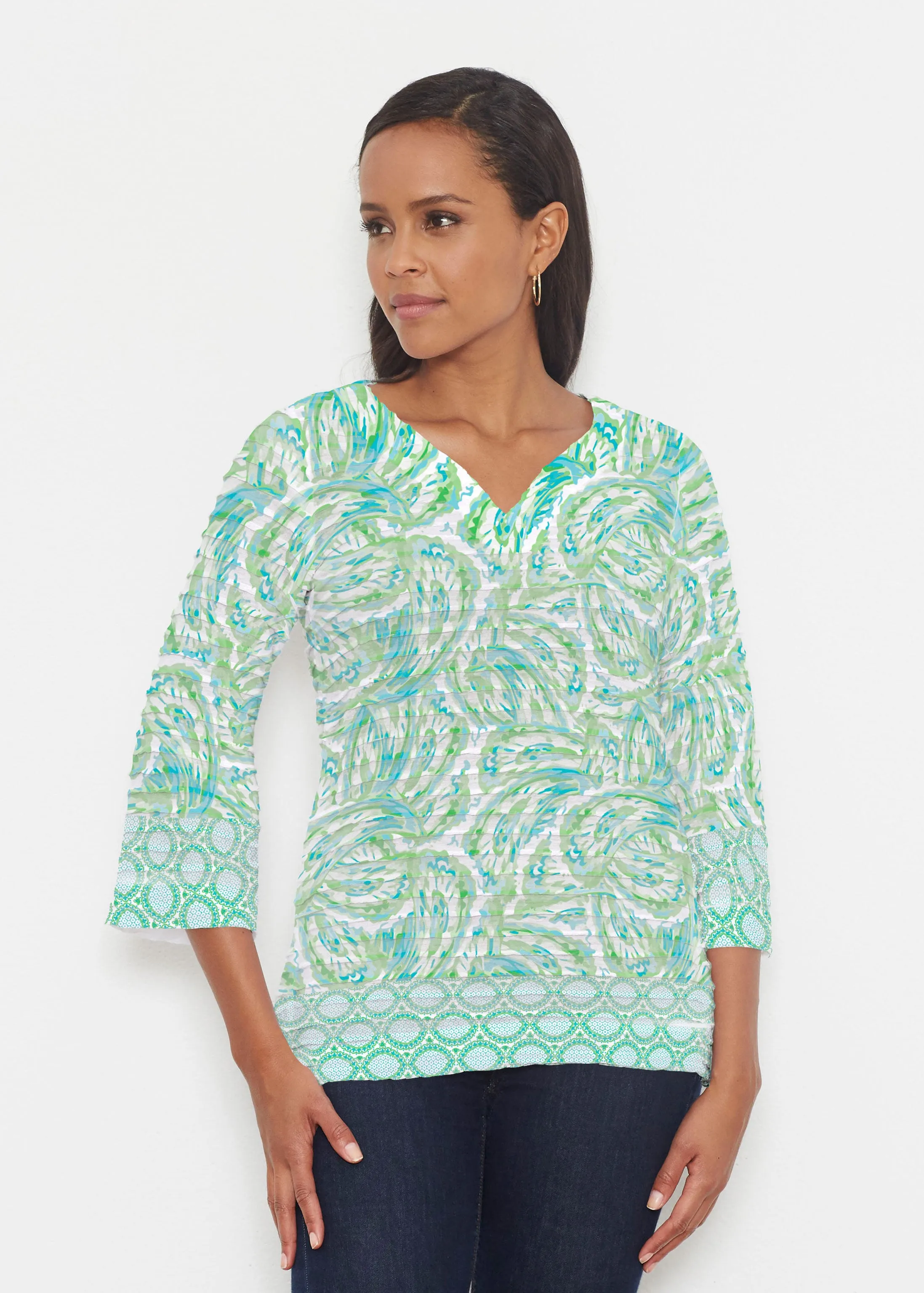 Coastal Paisley Lace Green (7690) ~ Banded 3/4 Bell-Sleeve V-Neck Tunic