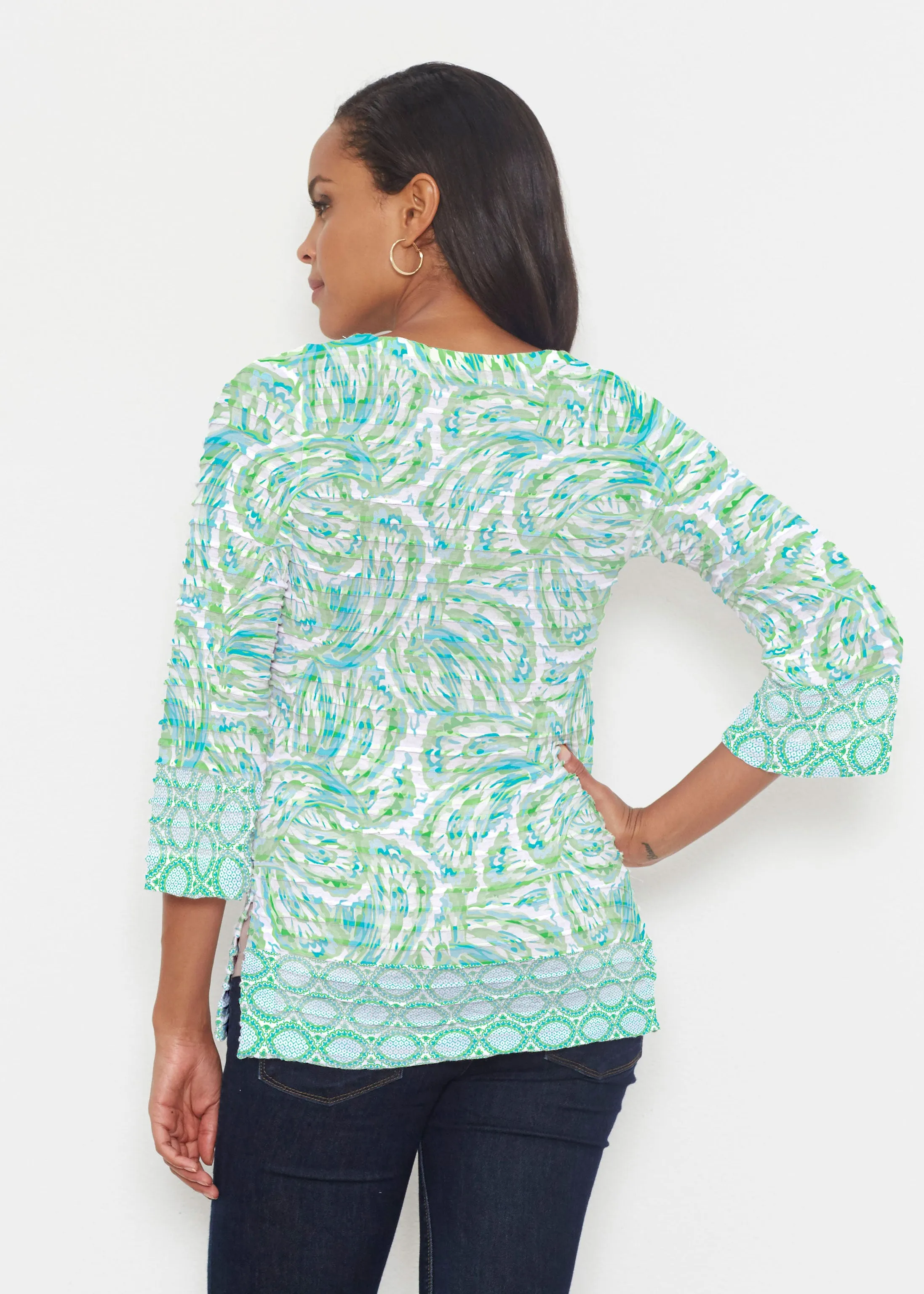 Coastal Paisley Lace Green (7690) ~ Banded 3/4 Bell-Sleeve V-Neck Tunic
