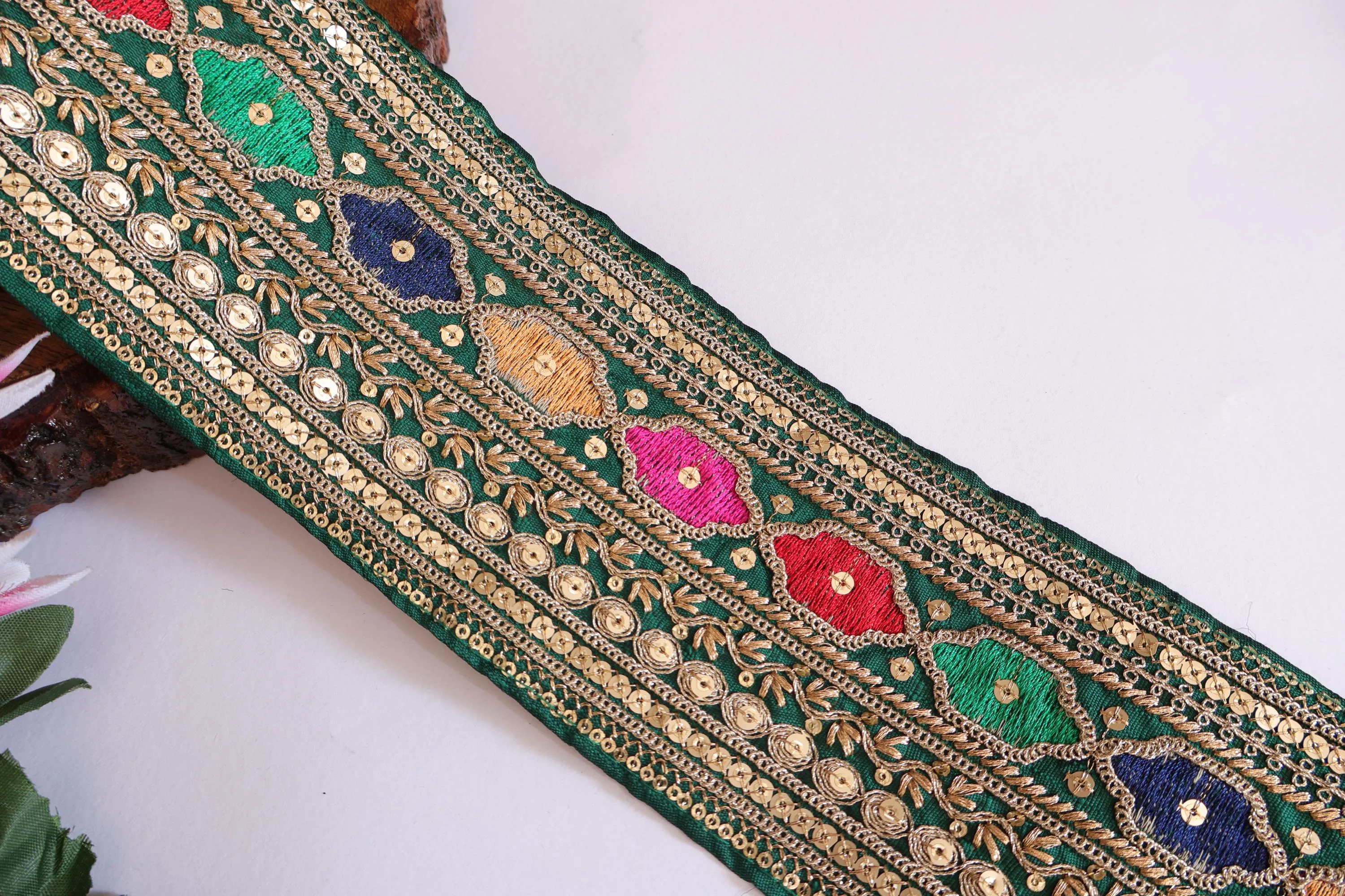 Colorful Green Zari Embroidered Sequin Border Trim Lace 10cm Wide - 1 Yard