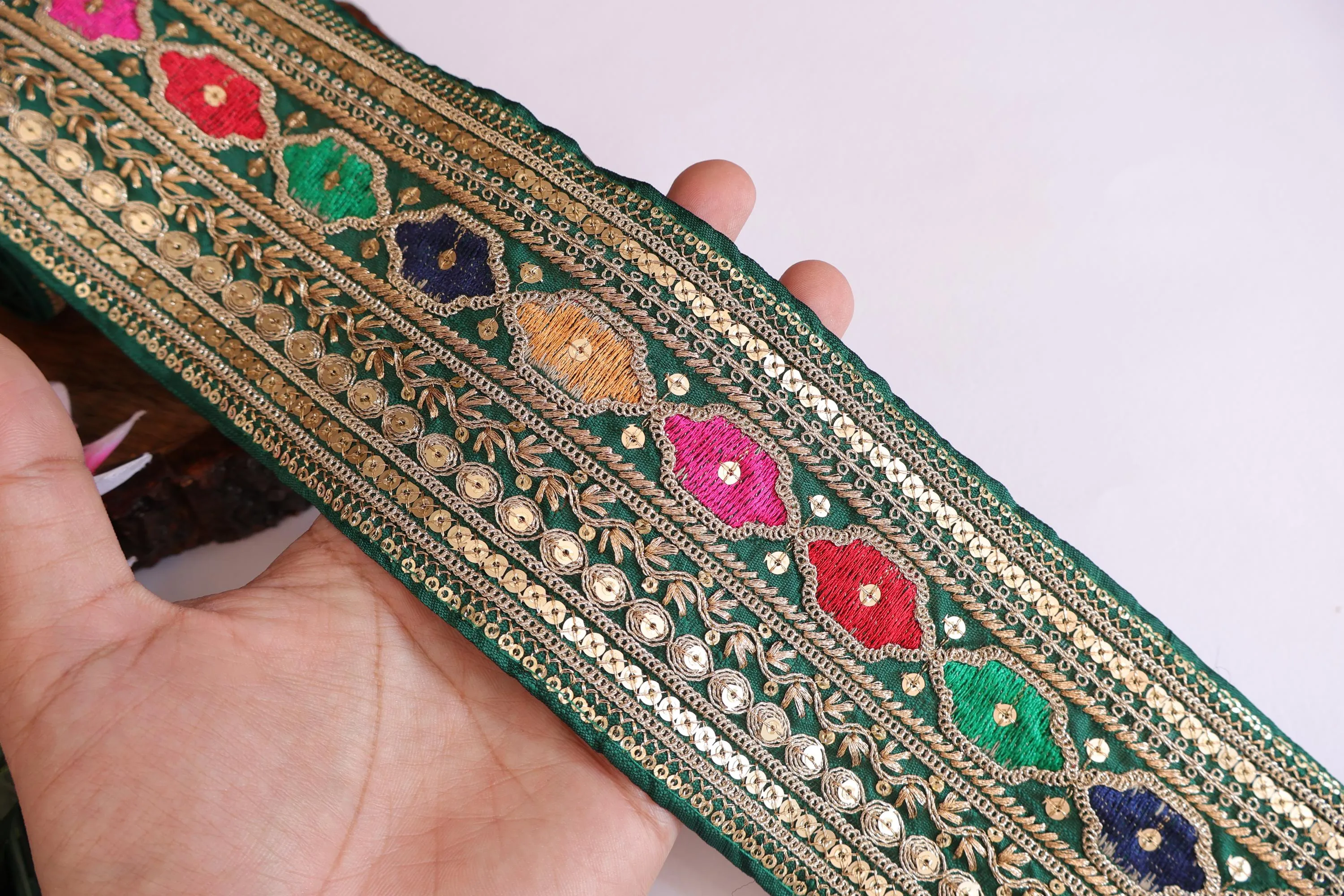 Colorful Green Zari Embroidered Sequin Border Trim Lace 10cm Wide - 1 Yard