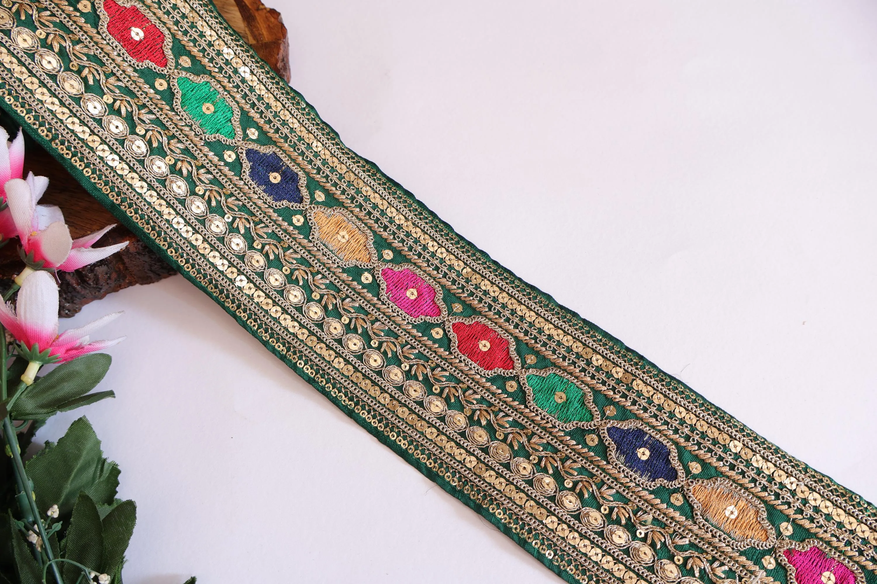 Colorful Green Zari Embroidered Sequin Border Trim Lace 10cm Wide - 1 Yard