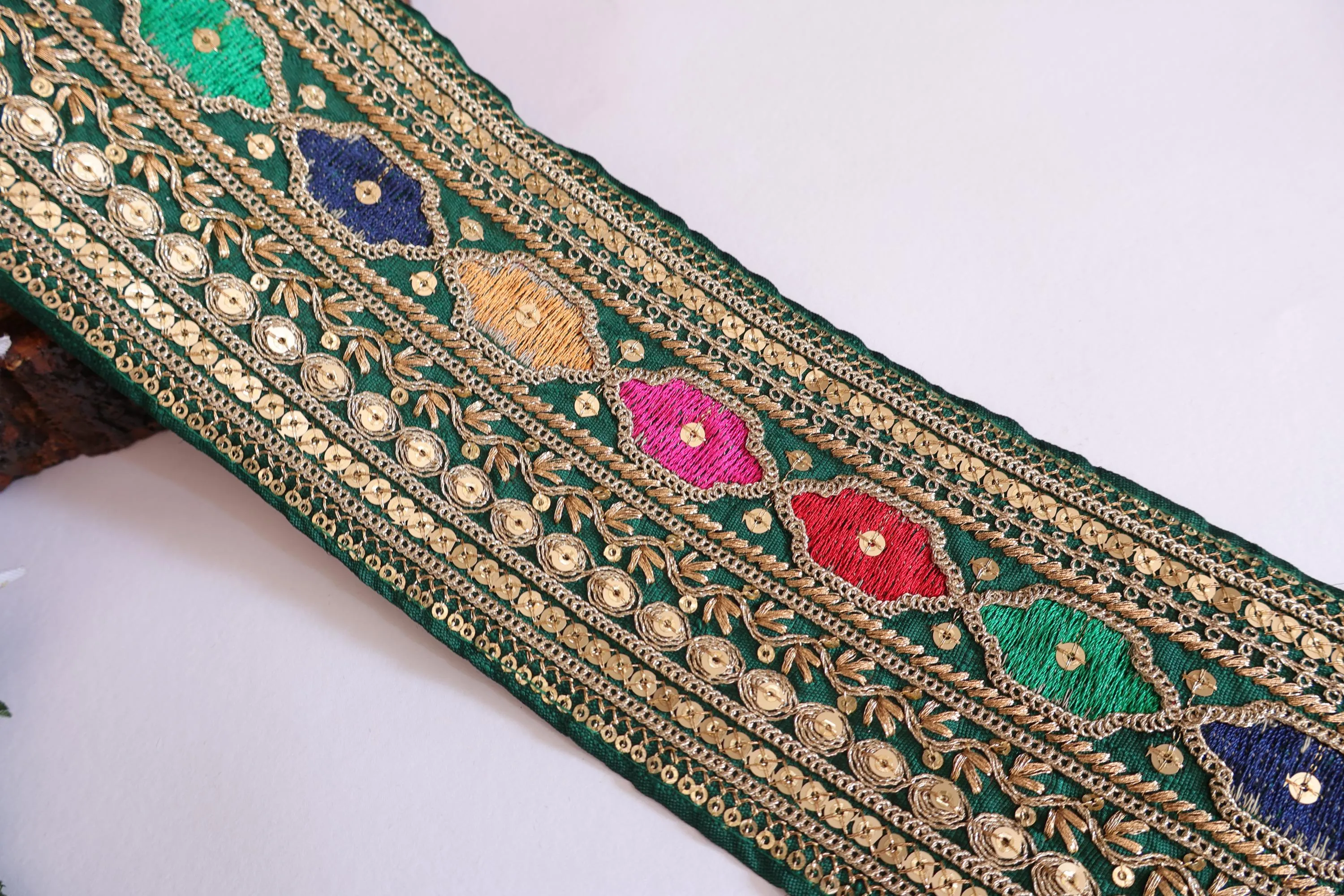Colorful Green Zari Embroidered Sequin Border Trim Lace 10cm Wide - 1 Yard