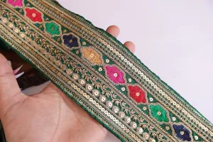 Colorful Green Zari Embroidered Sequin Border Trim Lace 10cm Wide - 1 Yard