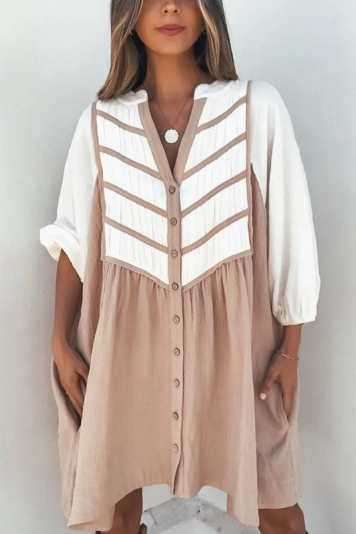 Cream Color Block Tunic Dress